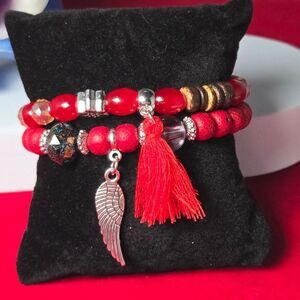 Boho Red Beaded Bracelet Set Angel Wing Charm Tassel – 2 Piece Stack Jewelry NWT